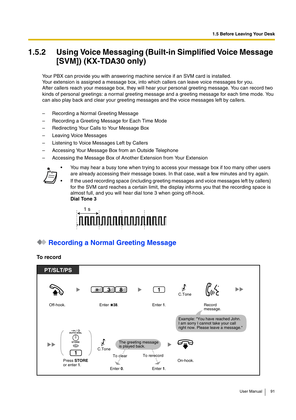 Recording a normal greeting message, Pt/slt/ps | Panasonic HYBRID IP-PBX KX-TDA30 User Manual | Page 91 / 232