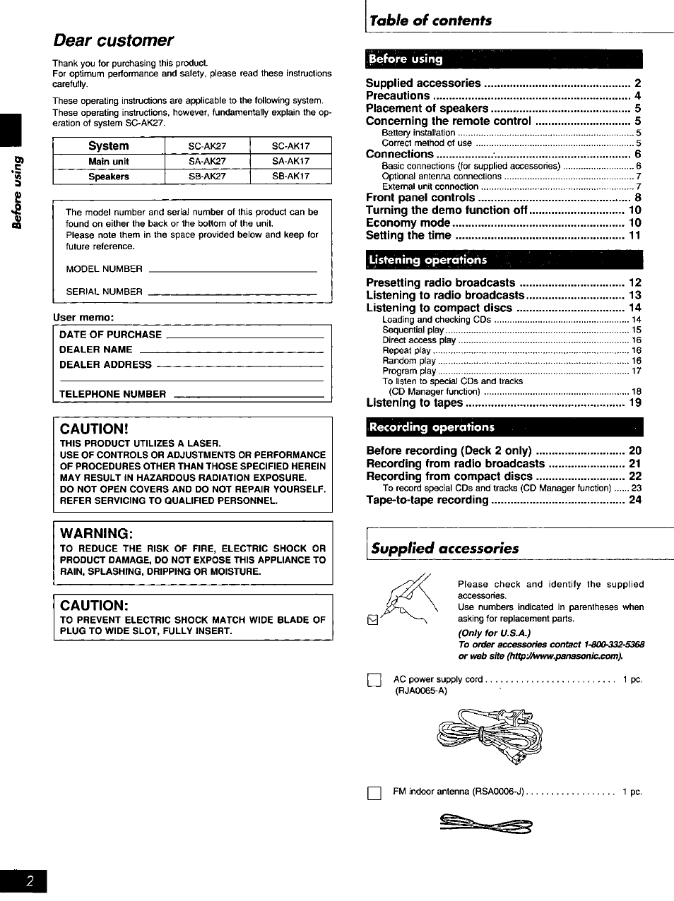 Panasonic SC-AK27 User Manual | Page 2 / 36