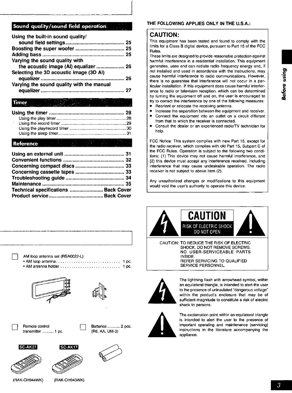 Sound quality/sound field operation, Caution | Panasonic SC-AK27 User Manual | Page 3 / 36