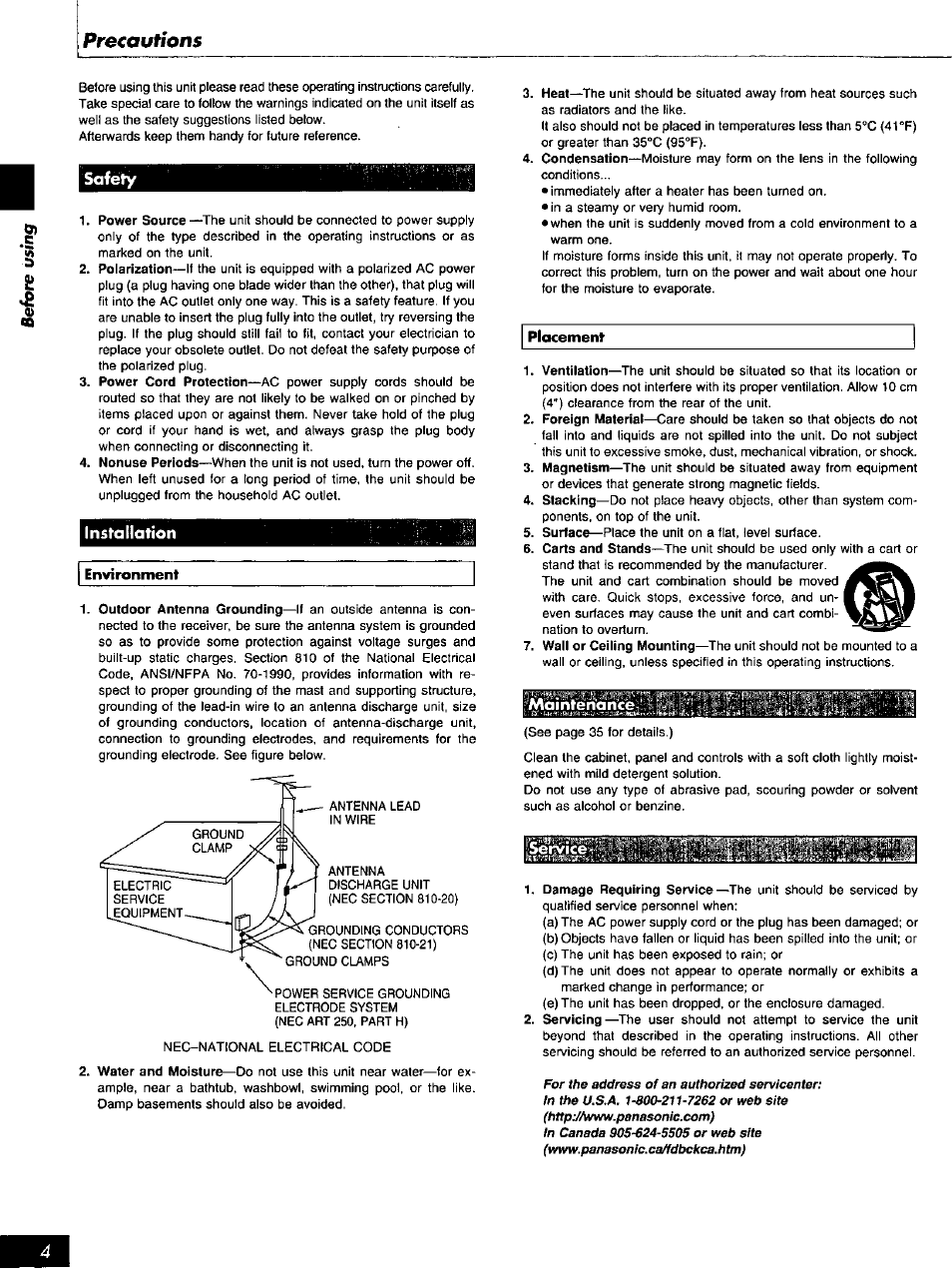 Safety, Precautions | Panasonic SC-AK27 User Manual | Page 4 / 36