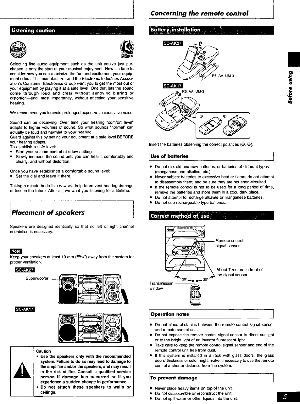 Bottieiy ^ih sta i iqtid, Còfréct method of use, Correct method of use | Concerning the remote control | Panasonic SC-AK27 User Manual | Page 5 / 36