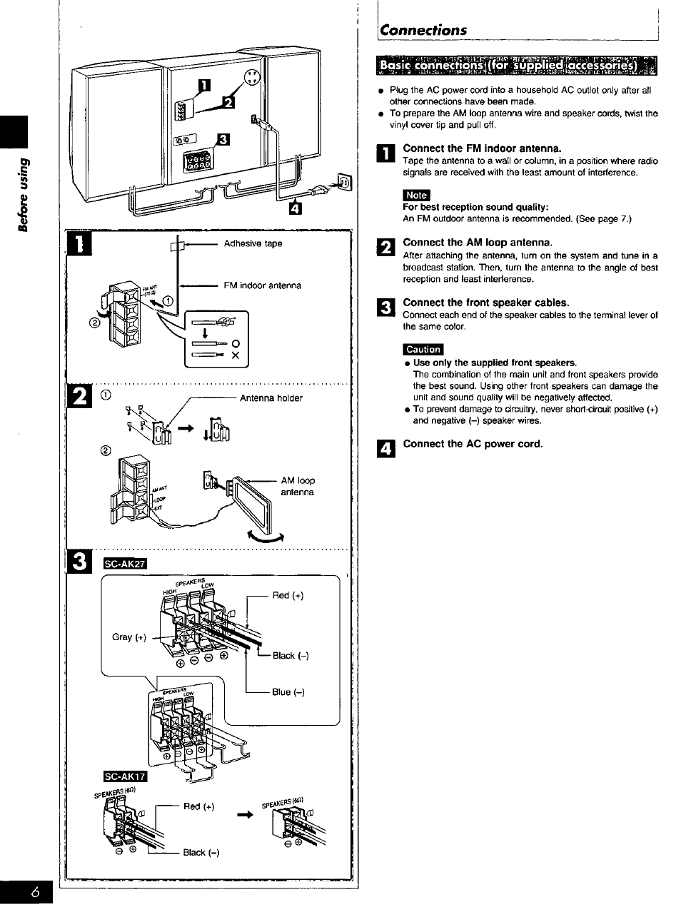Basic connections;!(for supplied laccessories), Connect the am loop antenna, Connect the front speaker cables | Connect the ac power cord, Basic connections (for supplied accessories), Connections | Panasonic SC-AK27 User Manual | Page 6 / 36