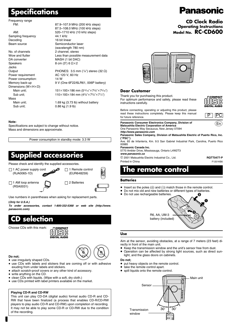 Panasonic RC-CD600 User Manual | 8 pages