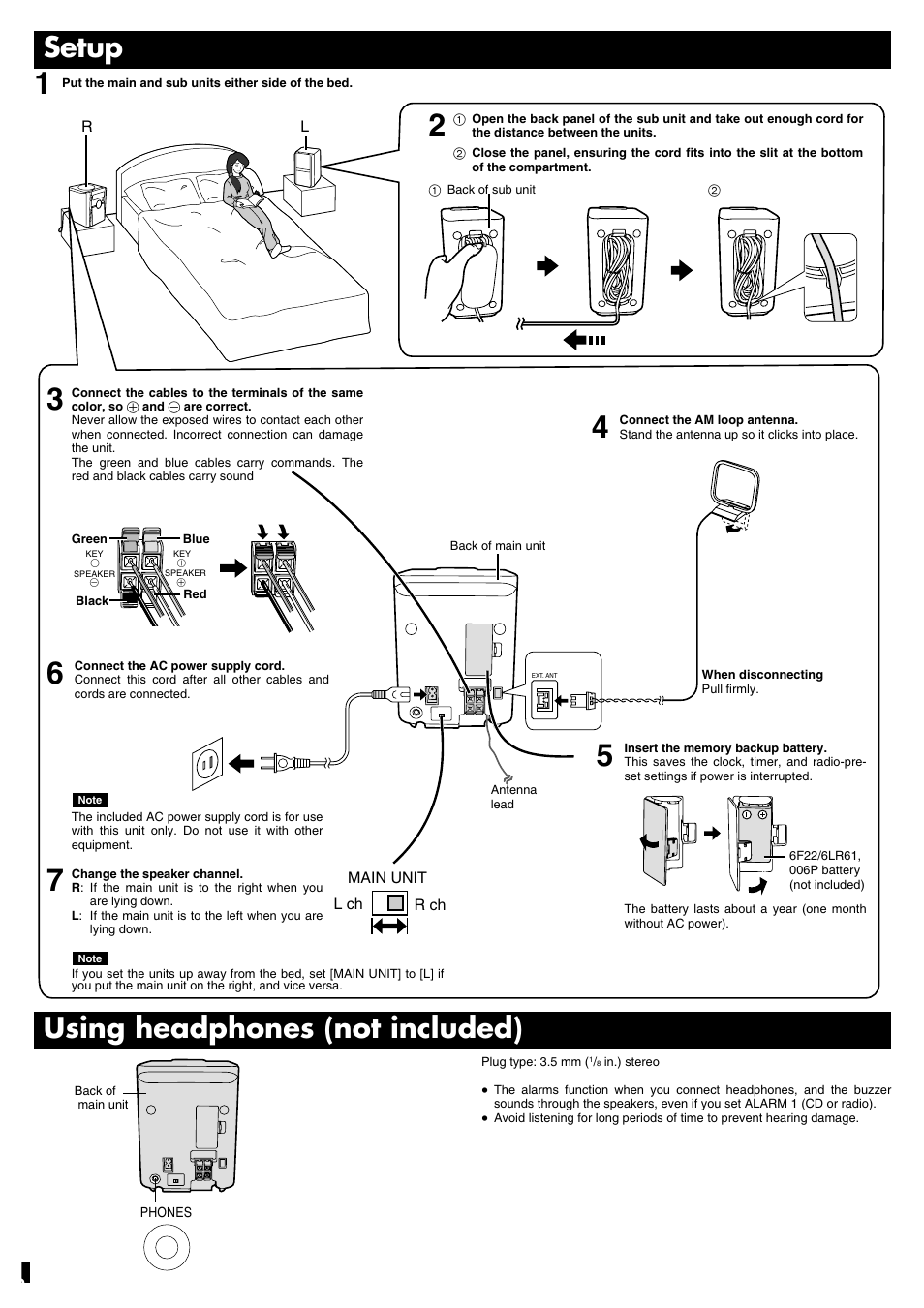 Setup, Using headphones (not included) | Panasonic RC-CD600 User Manual | Page 2 / 8