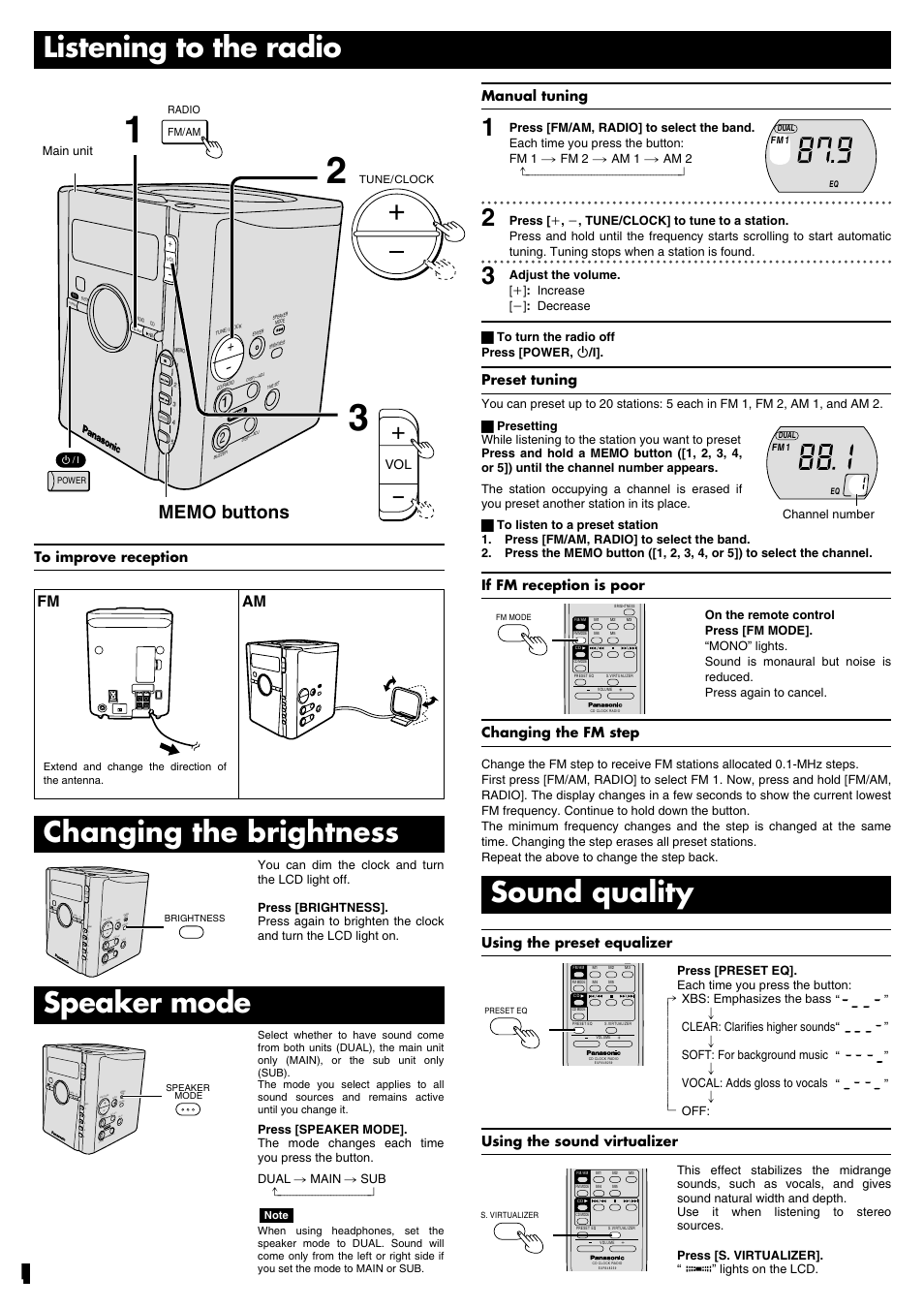 Sound quality, Listening to the radio, Changing the brightness | Speaker mode, Fm am, Using the preset equalizer, Using the sound virtualizer, Manual tuning, Preset tuning, If fm reception is poor | Panasonic RC-CD600 User Manual | Page 4 / 8