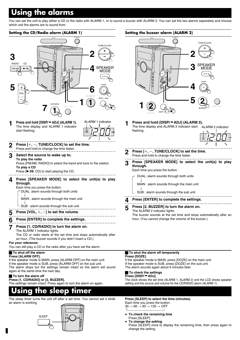 Using the alarms, Using the sleep timer | Panasonic RC-CD600 User Manual | Page 5 / 8