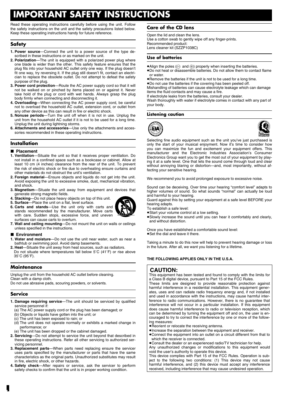 Important safety instructions, Caution, Care of the cd lens | Safety, Installation, Maintenance, Service, Use of batteries, Listening caution, Placement | Panasonic RC-CD600 User Manual | Page 7 / 8