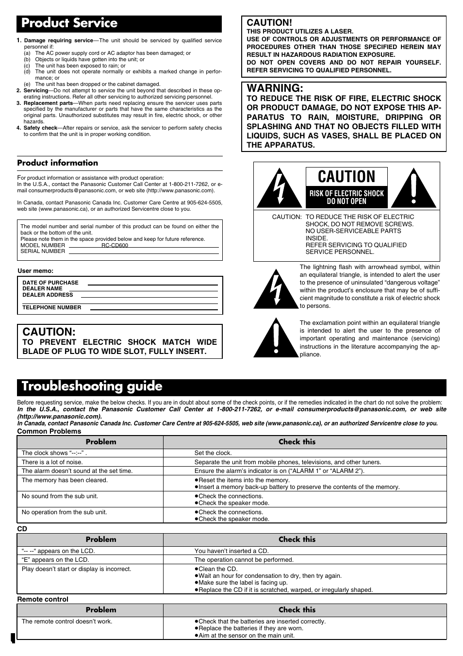 Product service, Troubleshooting guide, Caution | Warning, 8caution | Panasonic RC-CD600 User Manual | Page 8 / 8