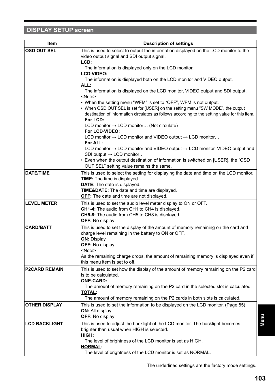 Display setup screen | Panasonic P2HD AG-HPG20P User Manual | Page 103 / 120