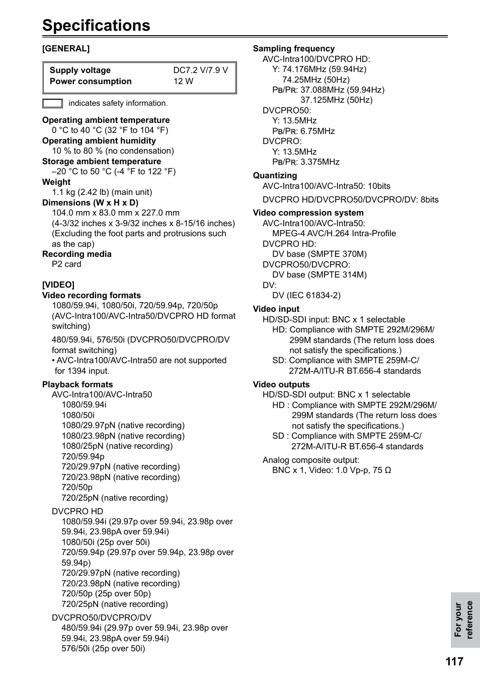 Specifications | Panasonic P2HD AG-HPG20P User Manual | Page 117 / 120