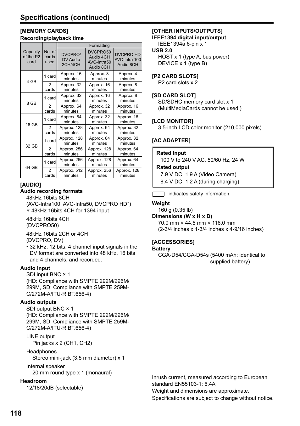 Specifications (continued) 11 | Panasonic P2HD AG-HPG20P User Manual | Page 118 / 120