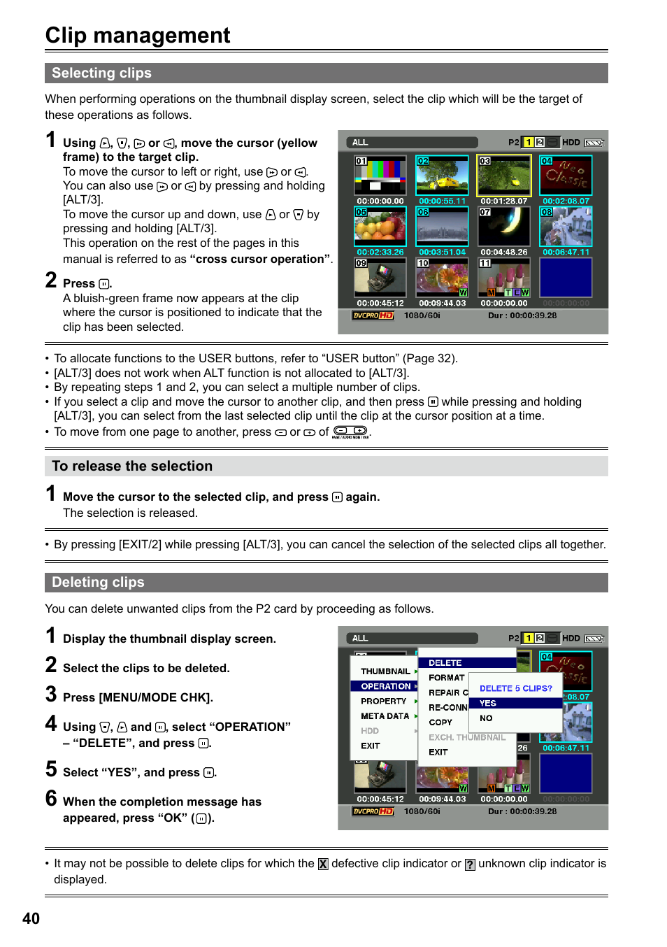 Clip management, Selecting clips, Deleting clips | Panasonic P2HD AG-HPG20P User Manual | Page 40 / 120