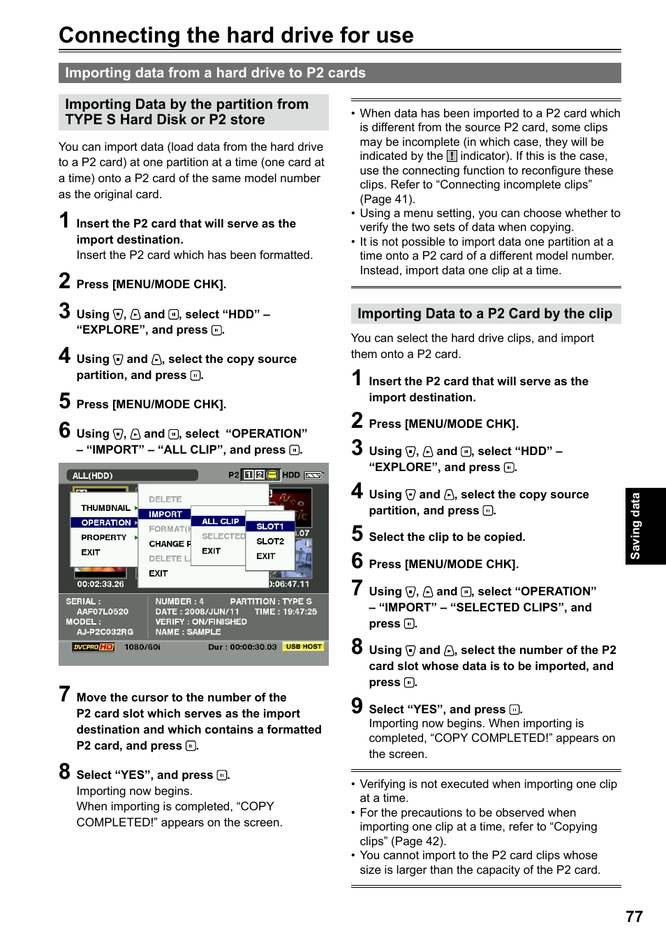 Connecting the hard drive for use, Importing data from a hard drive to p2 cards | Panasonic P2HD AG-HPG20P User Manual | Page 77 / 120