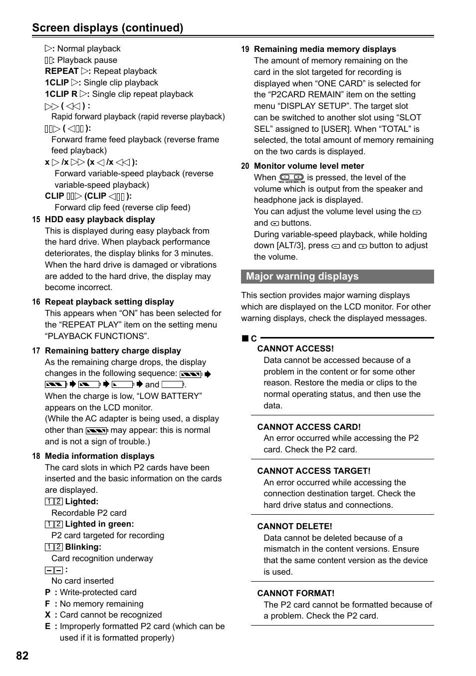 Major warning displays, Screen displays (continued) | Panasonic P2HD AG-HPG20P User Manual | Page 82 / 120