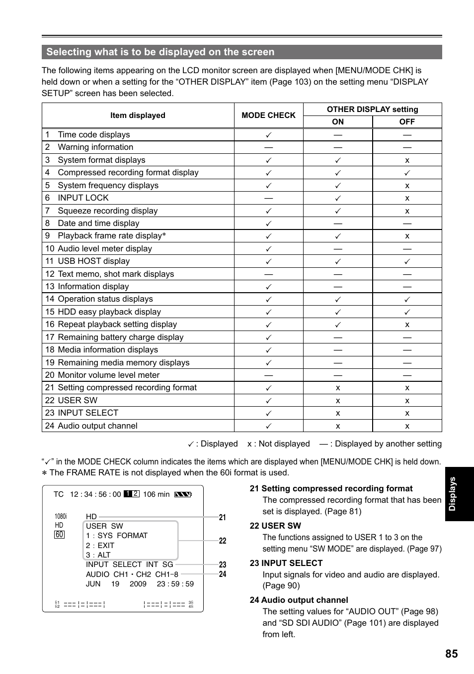 Selecting what is to be displayed on the screen | Panasonic P2HD AG-HPG20P User Manual | Page 85 / 120