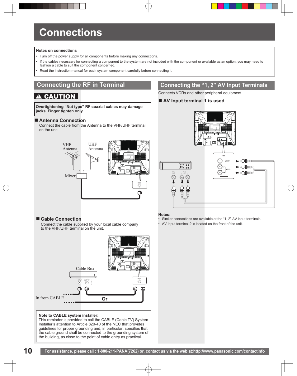 Connections, Connecting the rf in terminal, Caution | Connecting the “1, 2” av input terminals | Panasonic PV-27DF5 User Manual | Page 10 / 56