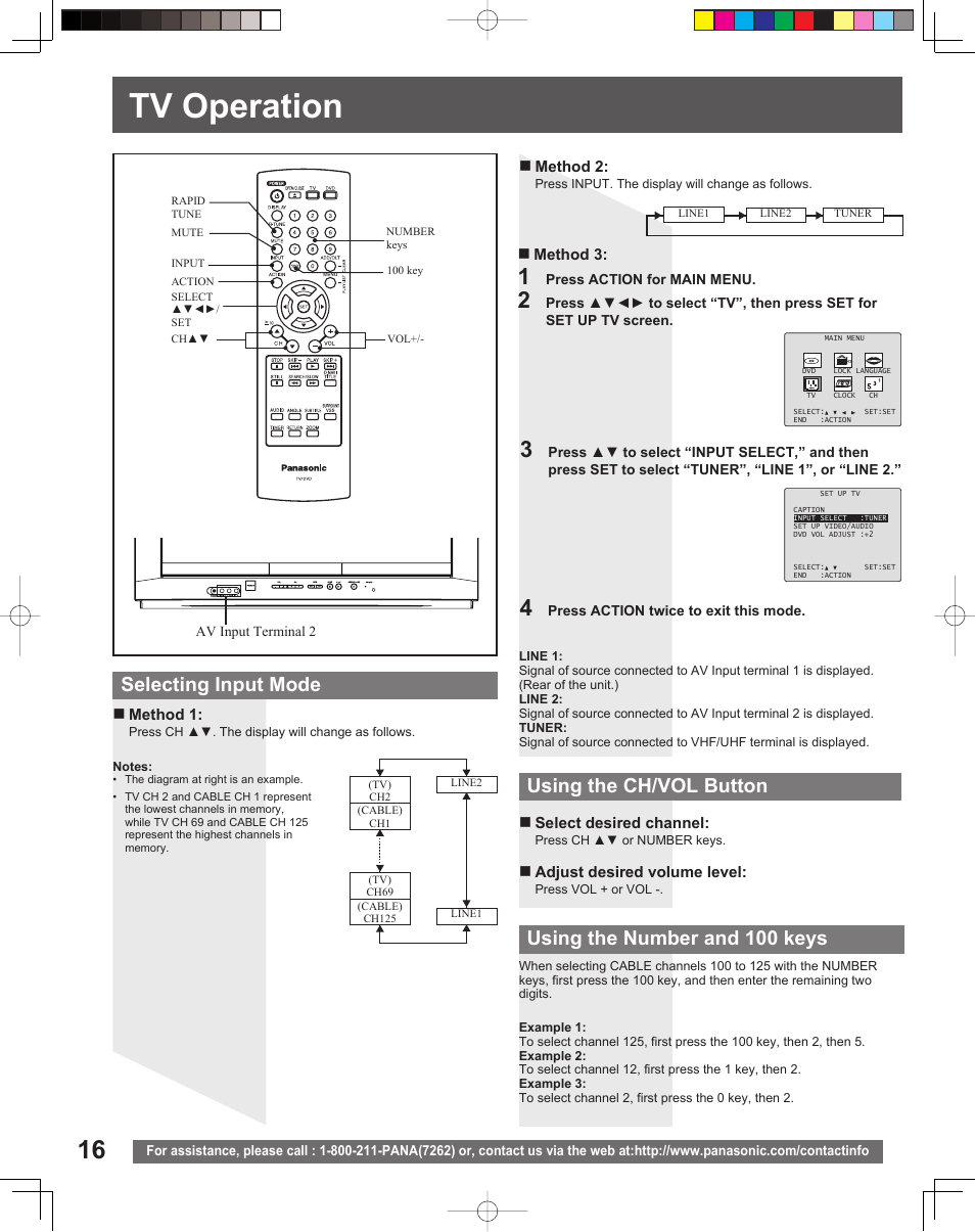 Tv operation, Selecting input mode using the ch/vol button, Using the number and 100 keys | Panasonic PV-27DF5 User Manual | Page 16 / 56