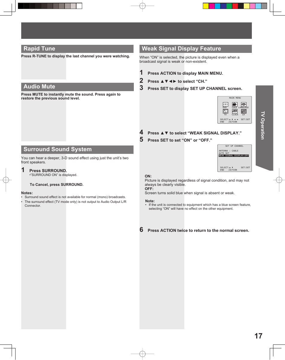 Surround sound system, Weak signal display feature, Audio mute rapid tune | Panasonic PV-27DF5 User Manual | Page 17 / 56