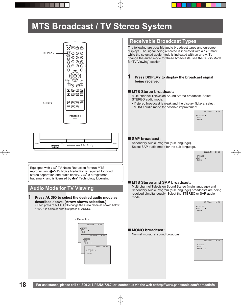 Mts broadcast / tv stereo system | Panasonic PV-27DF5 User Manual | Page 18 / 56