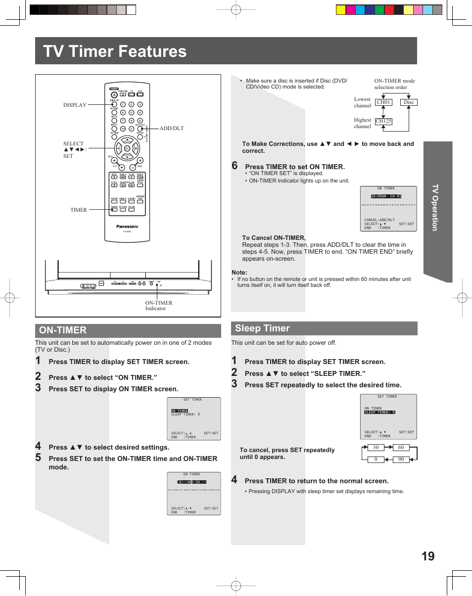 Tv timer features, On-timer sleep timer | Panasonic PV-27DF5 User Manual | Page 19 / 56