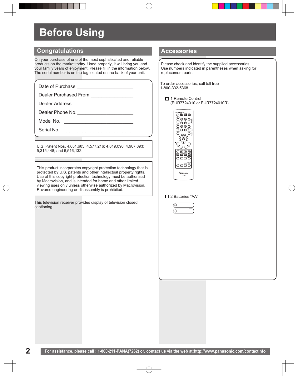 Getting started, Before using | Panasonic PV-27DF5 User Manual | Page 2 / 56