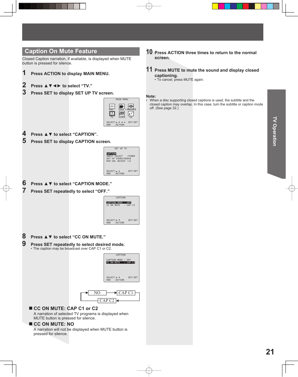Caption on mute feature | Panasonic PV-27DF5 User Manual | Page 21 / 56