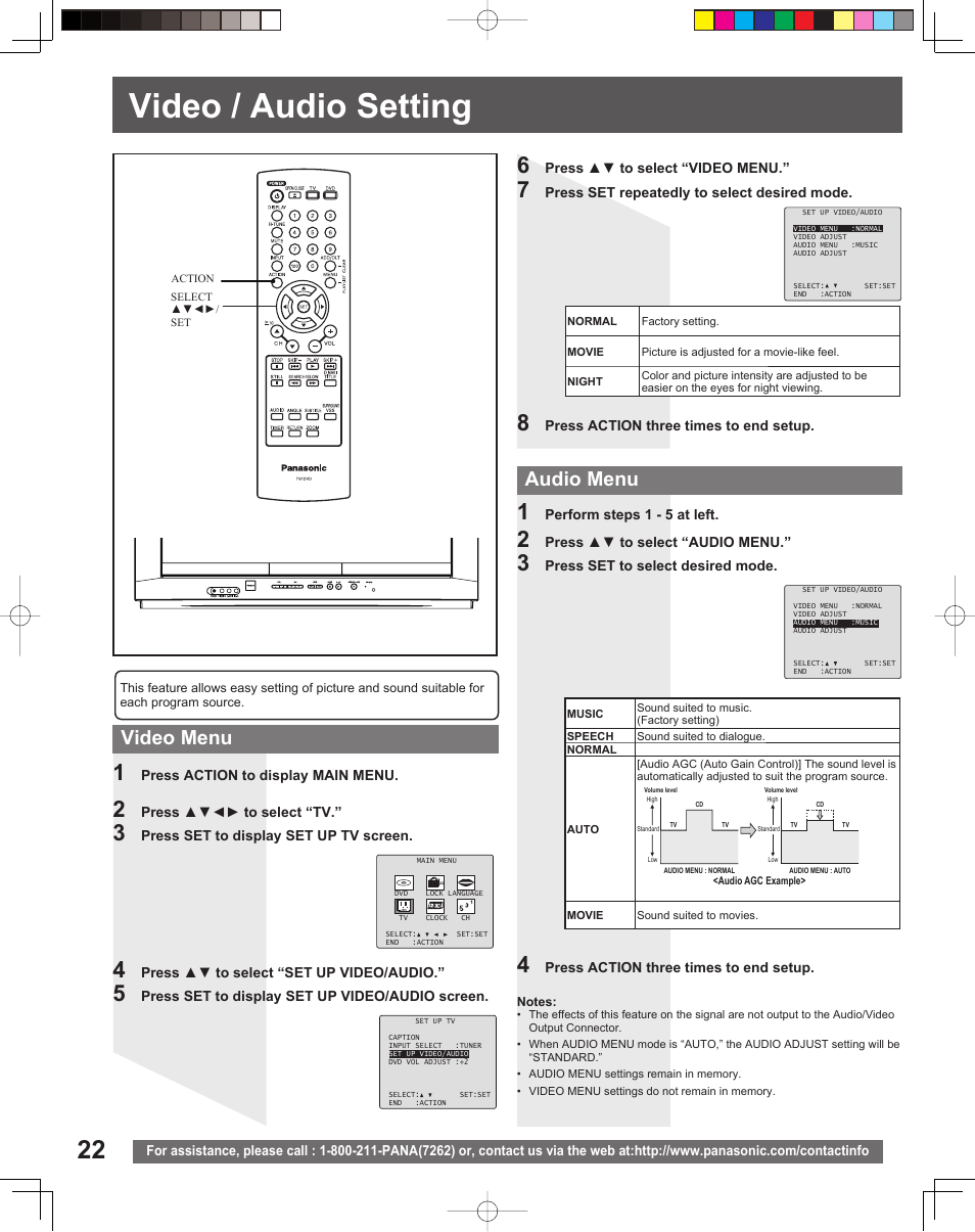 Video / audio setting, Video menu audio menu | Panasonic PV-27DF5 User Manual | Page 22 / 56