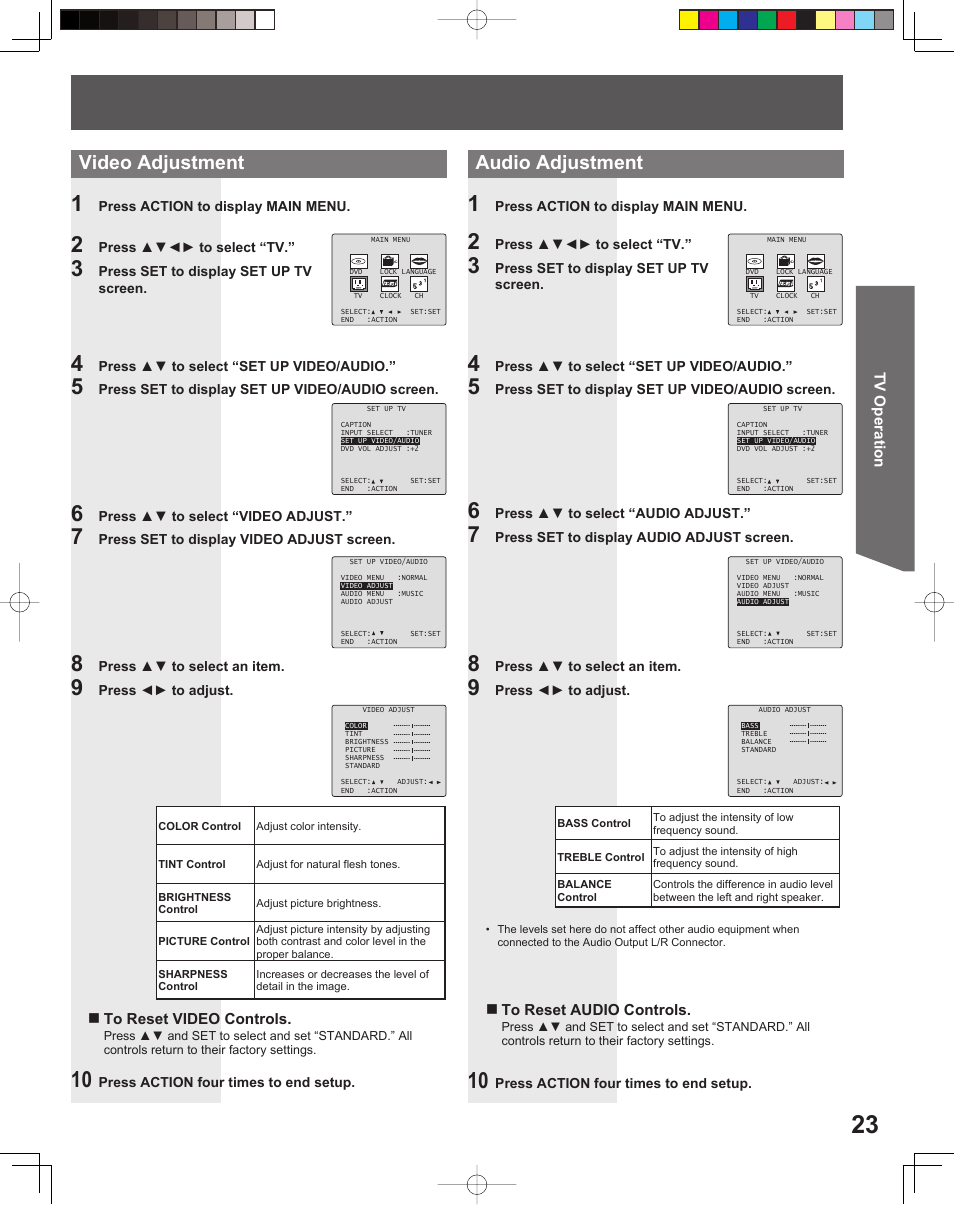 Video adjustment audio adjustment | Panasonic PV-27DF5 User Manual | Page 23 / 56