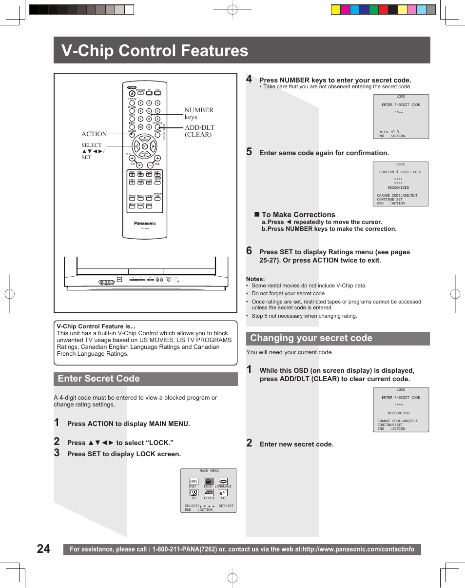 V-chip control features, Enter secret code changing your secret code | Panasonic PV-27DF5 User Manual | Page 24 / 56