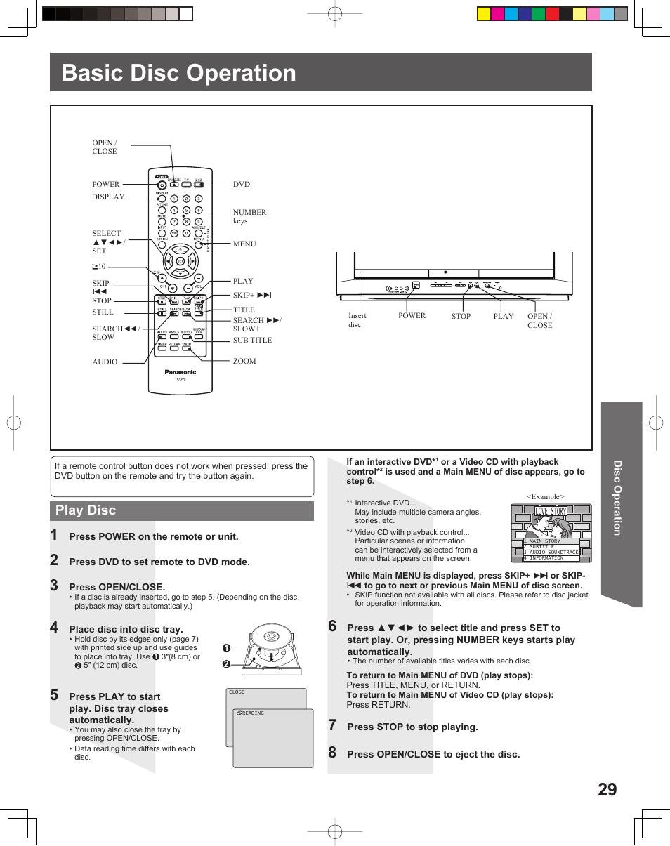 Disc operation, Basic disc operation, Play disc | Panasonic PV-27DF5 User Manual | Page 29 / 56