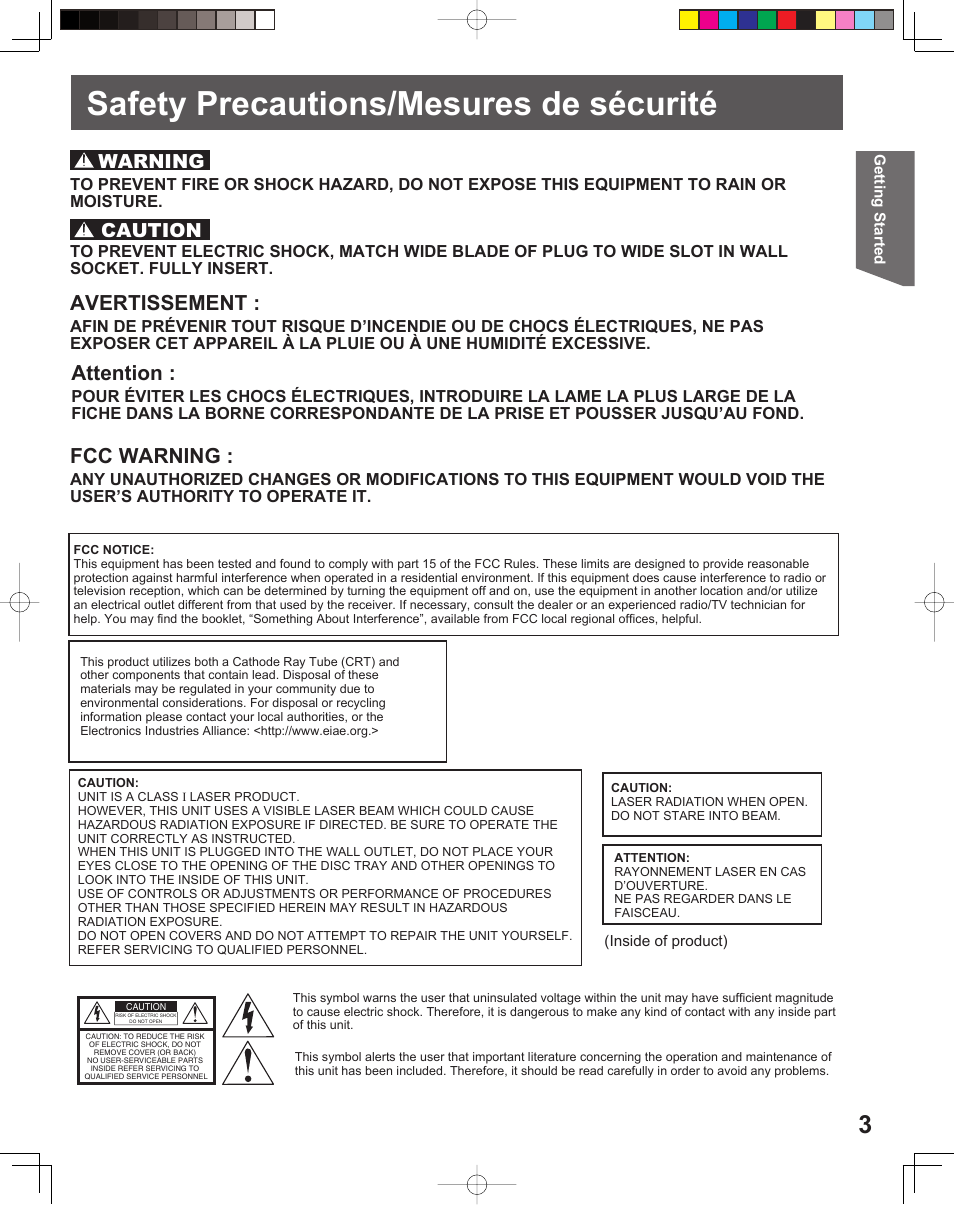 Safety precautions/mesures de securite, Safety precautions/mesures de sécurité, Fcc warning | Avertissement, Attention, Warning, Caution | Panasonic PV-27DF5 User Manual | Page 3 / 56