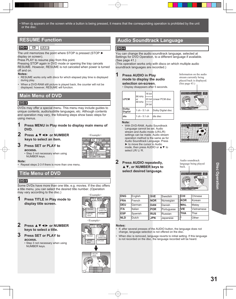 Main menu of dvd title menu of dvd, Audio soundtrack language, Resume function | Title menu, Love story, Disc operation | Panasonic PV-27DF5 User Manual | Page 31 / 56