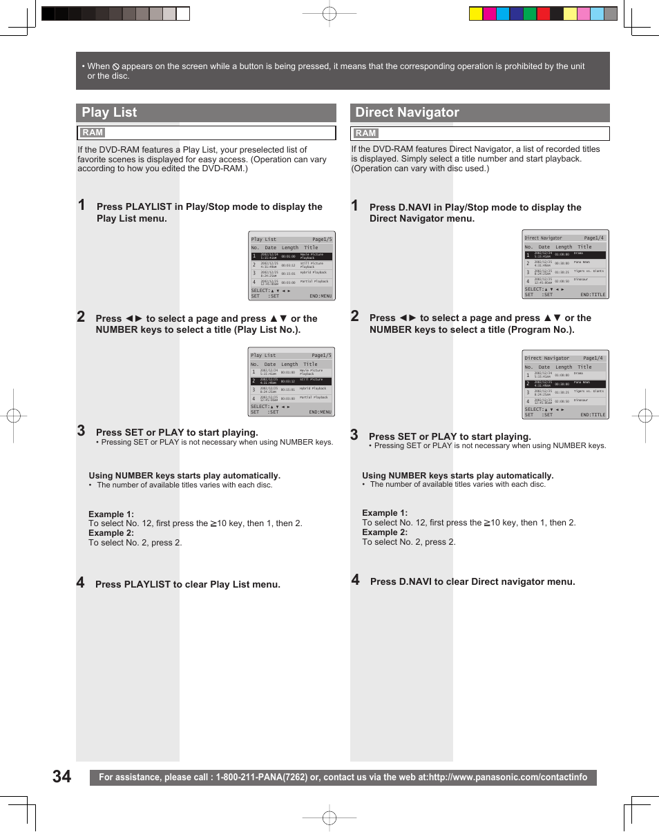 Direct navigator, Play list, Press d.navi to clear direct navigator menu | Press playlist to clear play list menu, Press set or play to start playing | Panasonic PV-27DF5 User Manual | Page 34 / 56