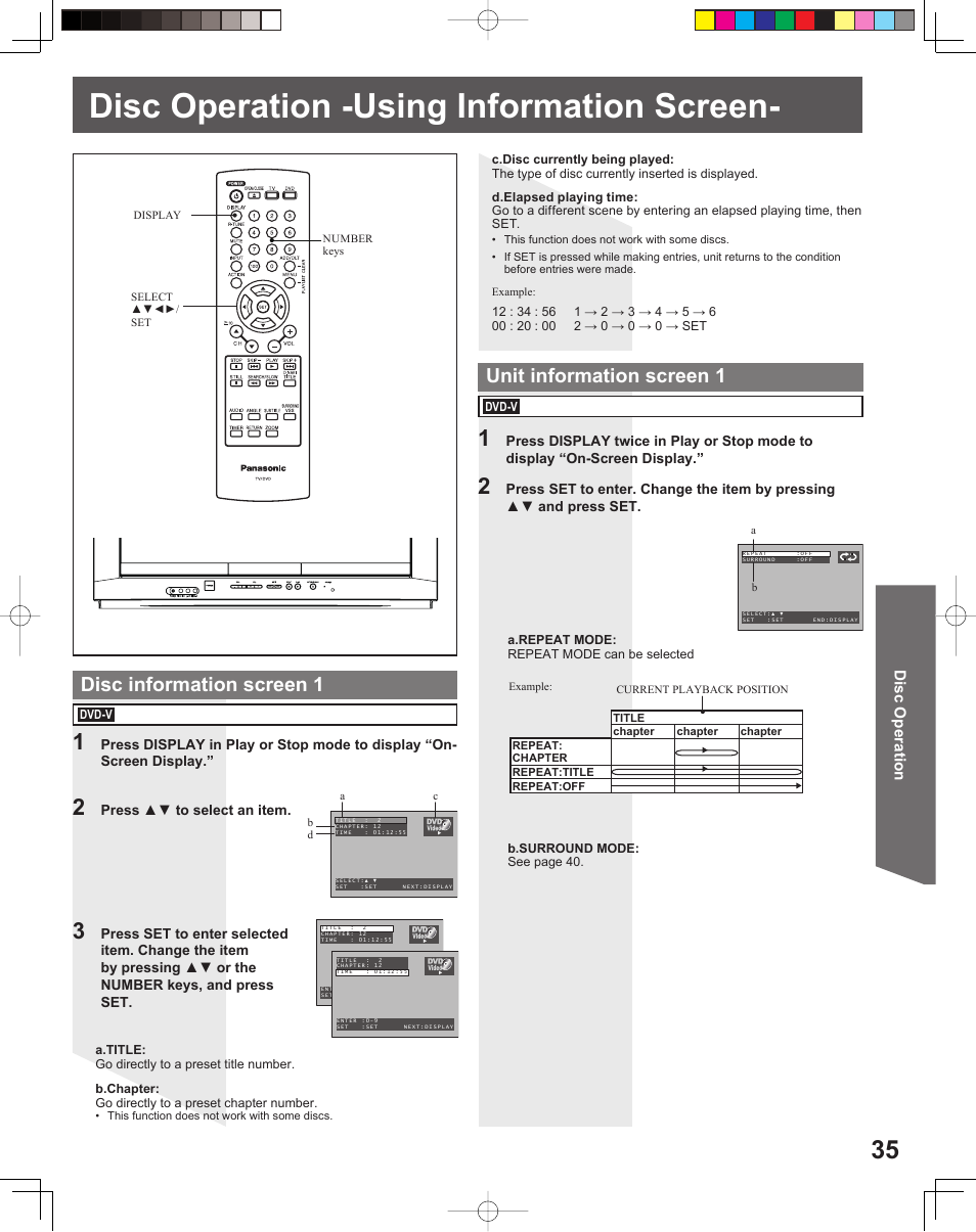 Disc operation-using information screen, Disc operation -using information screen | Panasonic PV-27DF5 User Manual | Page 35 / 56