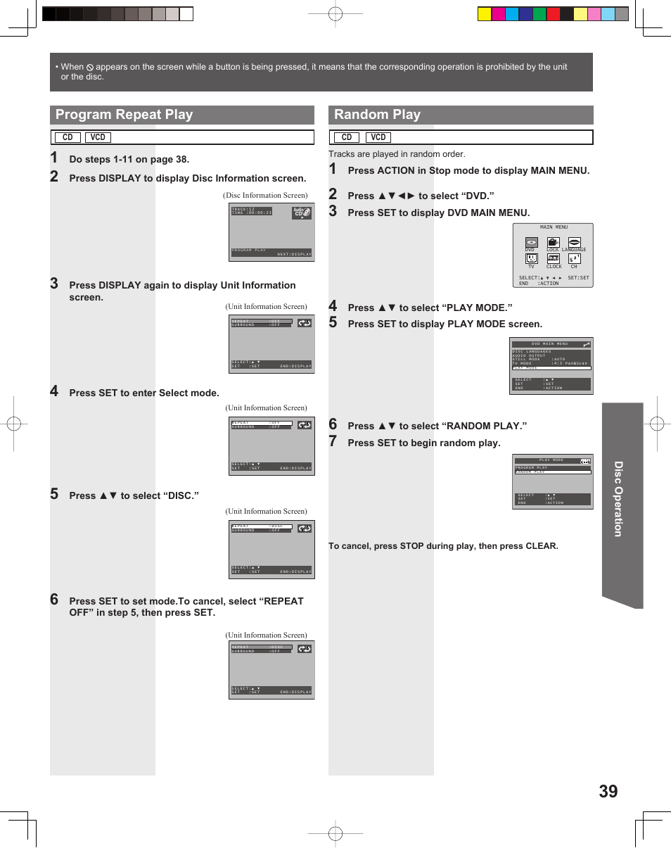 Program repeat play random play | Panasonic PV-27DF5 User Manual | Page 39 / 56