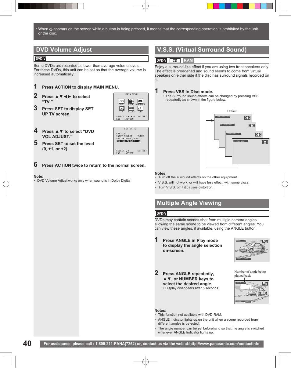 Dvd volume adjust v.s.s. (virtual surround sound), Multiple angle viewing | Panasonic PV-27DF5 User Manual | Page 40 / 56