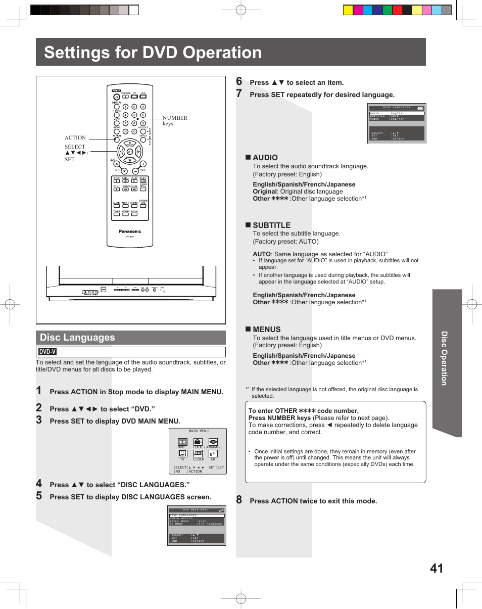 Settings for dvd operation, Disc languages | Panasonic PV-27DF5 User Manual | Page 41 / 56