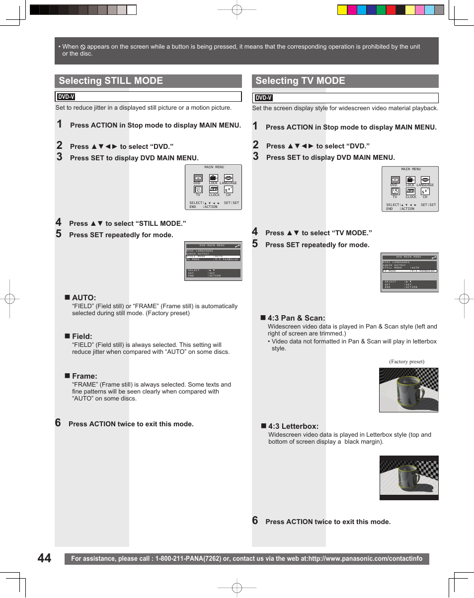 Selecting still mode, Selecting tv mode | Panasonic PV-27DF5 User Manual | Page 44 / 56