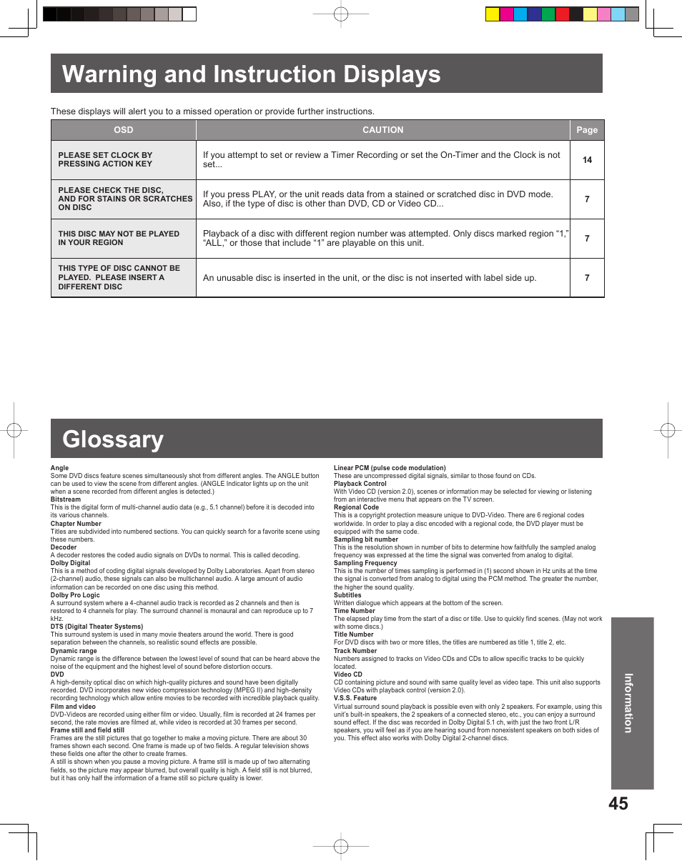 Information, Warning and instruction displays, Glossary | Warning and instruction displays glossary | Panasonic PV-27DF5 User Manual | Page 45 / 56