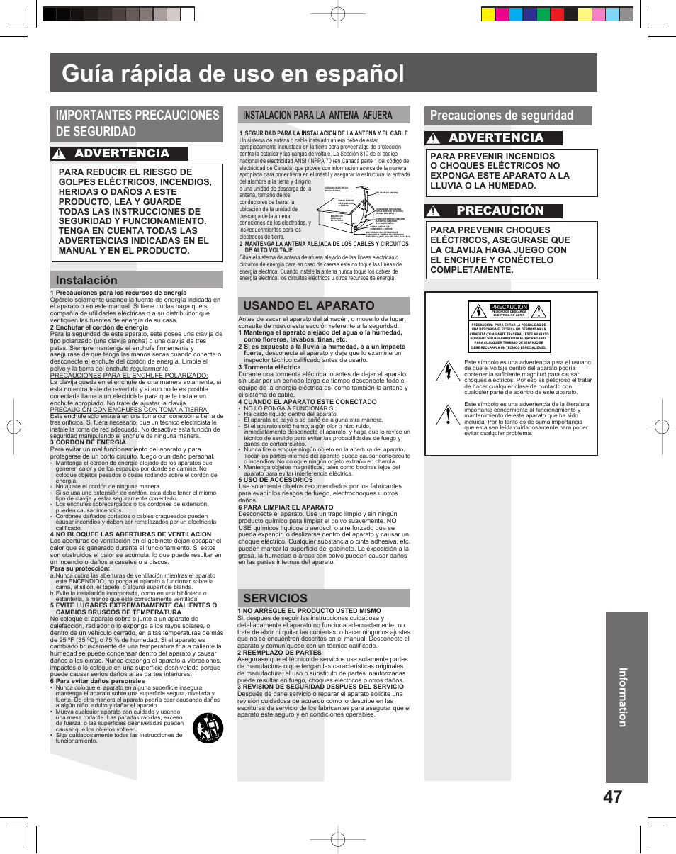 Guia rapida de uso en espanol, Guía rápida de uso en español, Precauciones de seguridad | Importantes precauciones de seguridad, Precaución advertencia advertencia, Information | Panasonic PV-27DF5 User Manual | Page 47 / 56