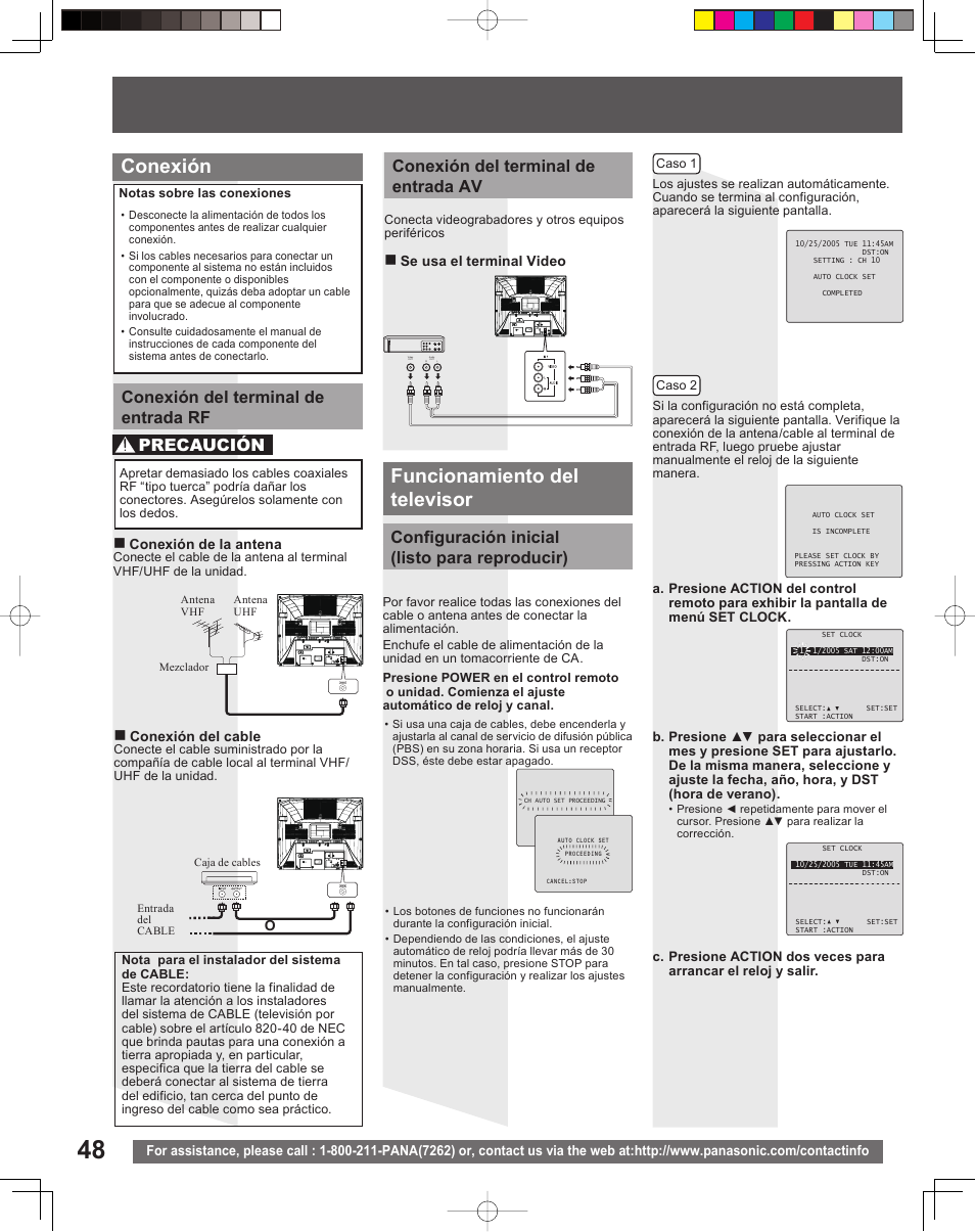 Conexión funcionamiento del televisor, Conexión del terminal de entrada rf, Conexión del terminal de entrada av precaución | Configuración inicial (listo para reproducir) | Panasonic PV-27DF5 User Manual | Page 48 / 56