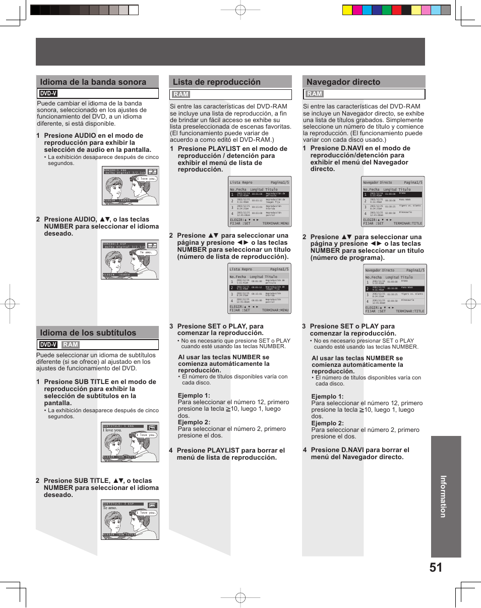 Idioma de la banda sonora, Idioma de los subtítulos, Navegador directo | Lista de reproducción, Information | Panasonic PV-27DF5 User Manual | Page 51 / 56