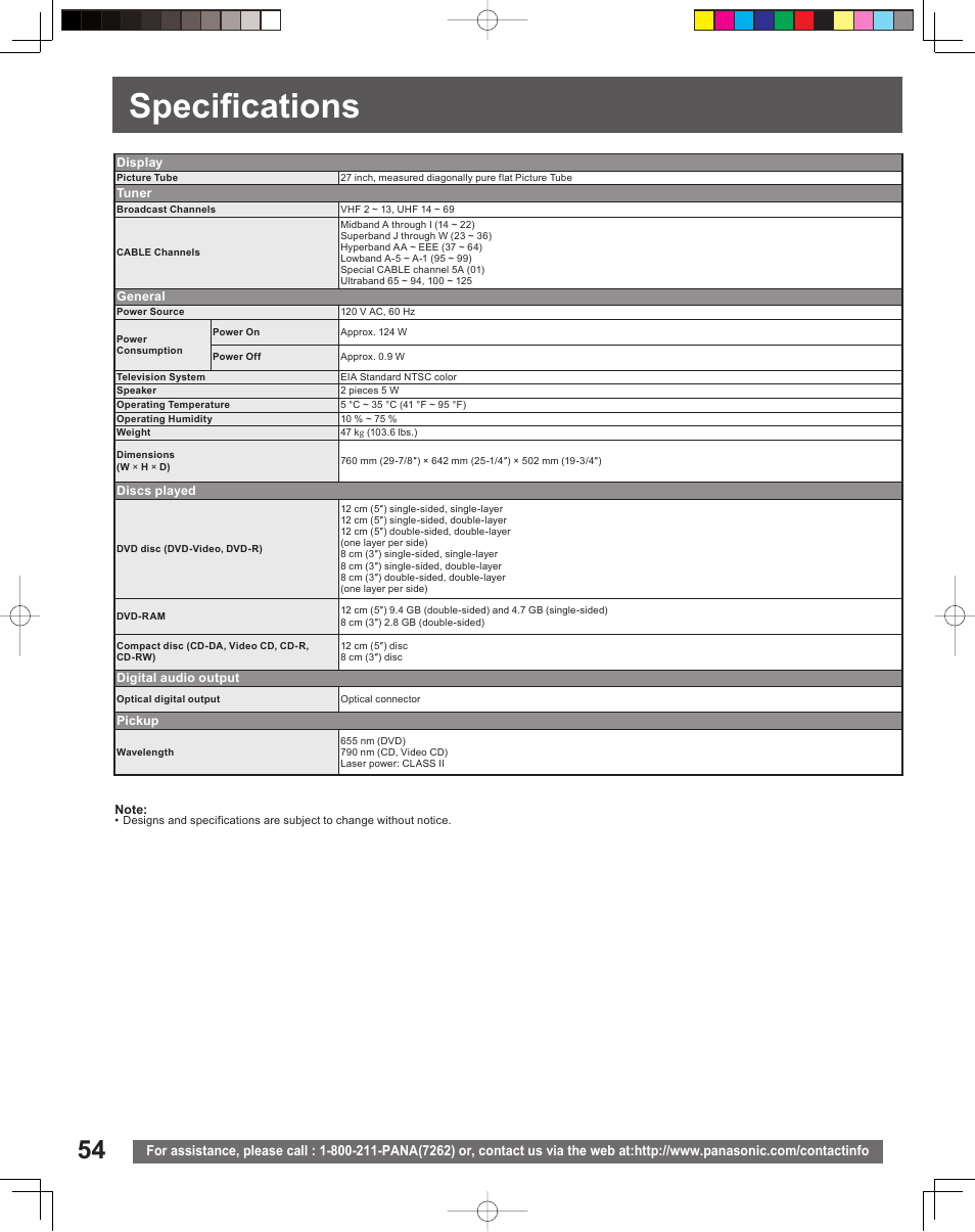 Specifications | Panasonic PV-27DF5 User Manual | Page 54 / 56