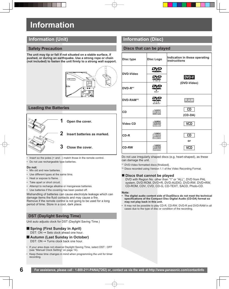 Information, Information (unit), Information (disc) | Panasonic PV-27DF5 User Manual | Page 6 / 56
