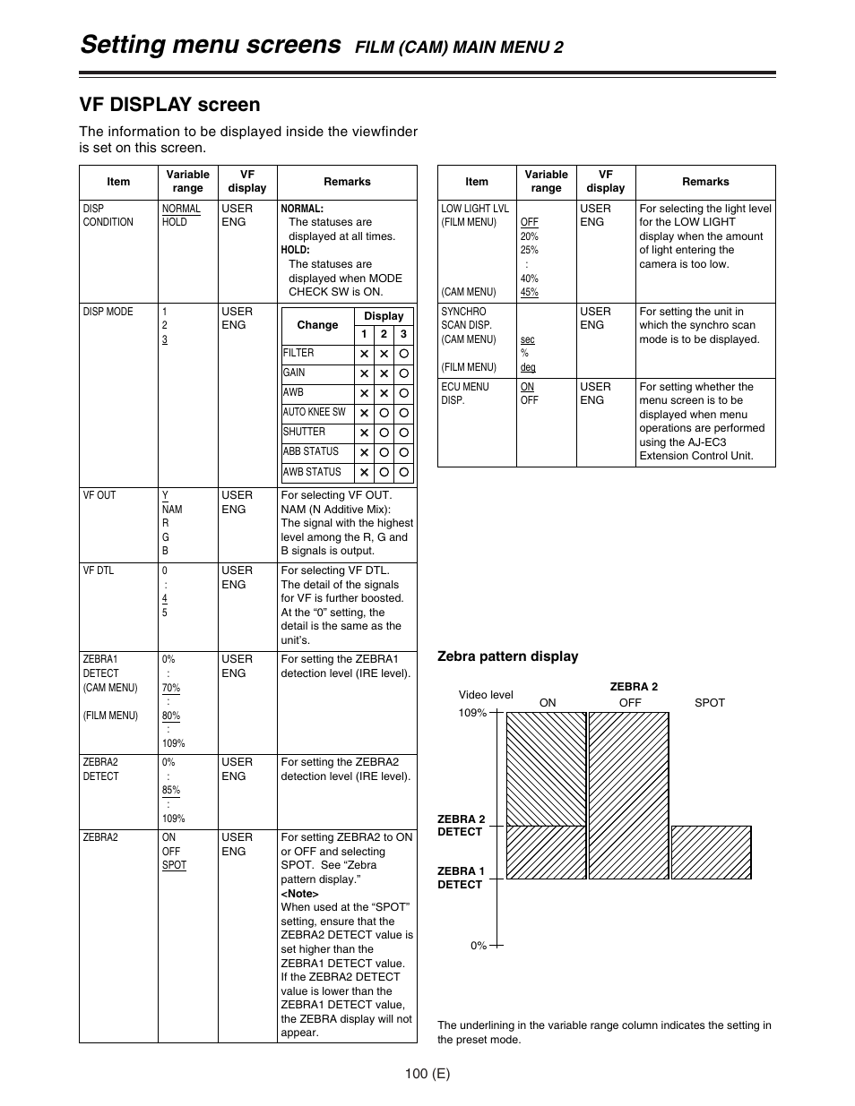 Setting menu screens, Vf display screen, Film (cam) main menu 2 | Panasonic AJ-HDC27FE User Manual | Page 100 / 136