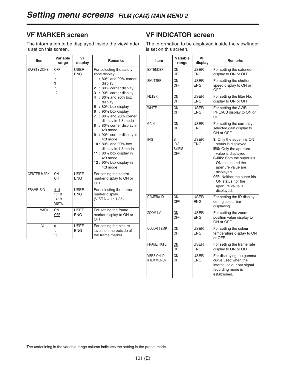 Setting menu screens, Vf indicator screen, Vf marker screen | Film (cam) main menu 2 | Panasonic AJ-HDC27FE User Manual | Page 101 / 136