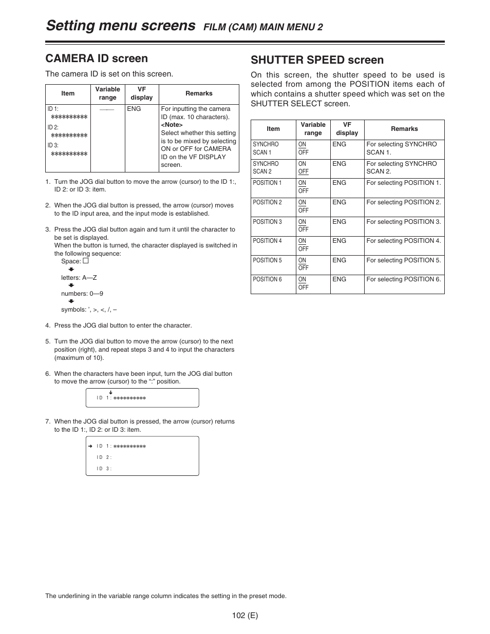 Setting menu screens, Camera id screen, Shutter speed screen | Film (cam) main menu 2 | Panasonic AJ-HDC27FE User Manual | Page 102 / 136