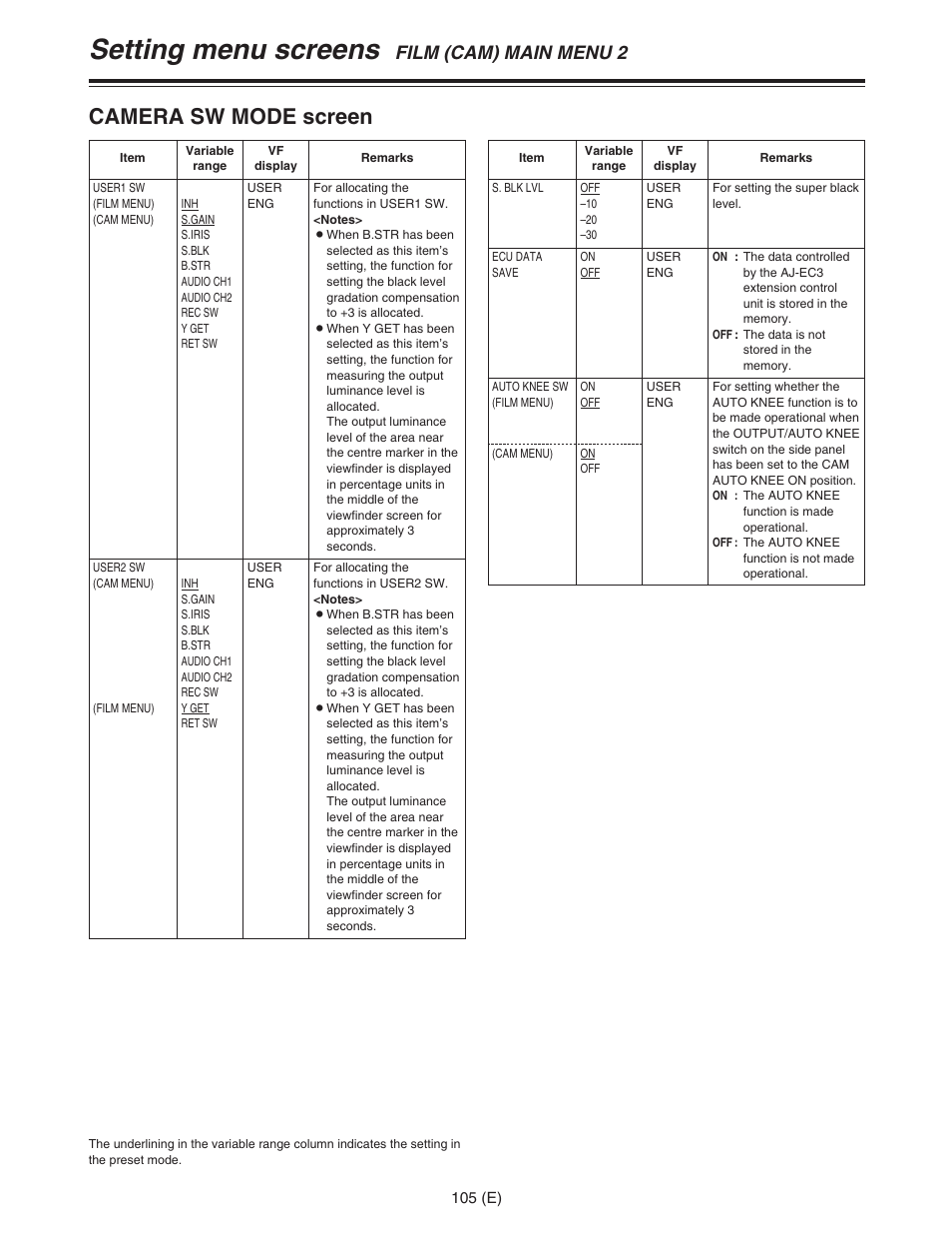 Setting menu screens, Camera sw mode screen, Film (cam) main menu 2 | Panasonic AJ-HDC27FE User Manual | Page 105 / 136