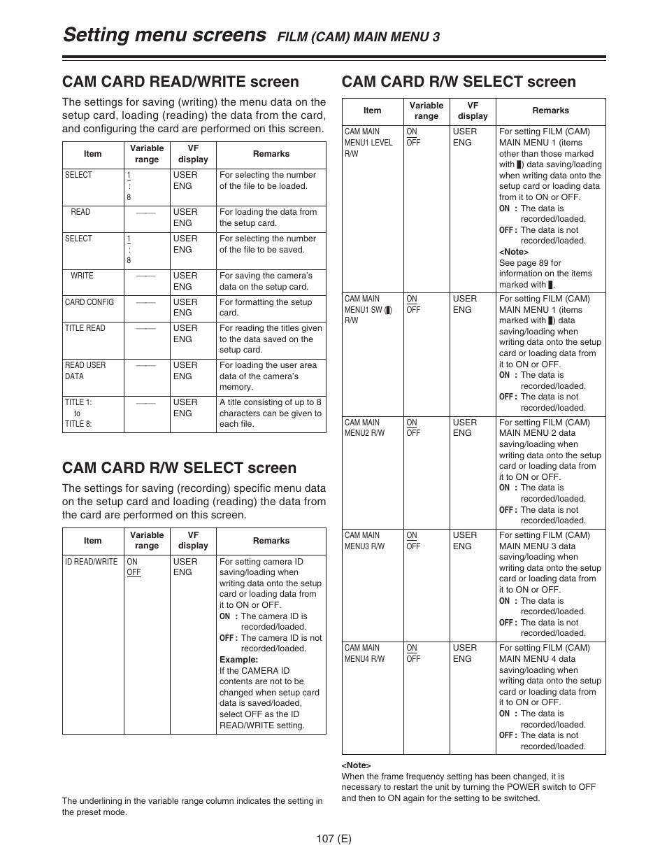 Setting menu screens, Cam card r/w select screen, Cam card read/write screen | Film (cam) main menu 3 | Panasonic AJ-HDC27FE User Manual | Page 107 / 136