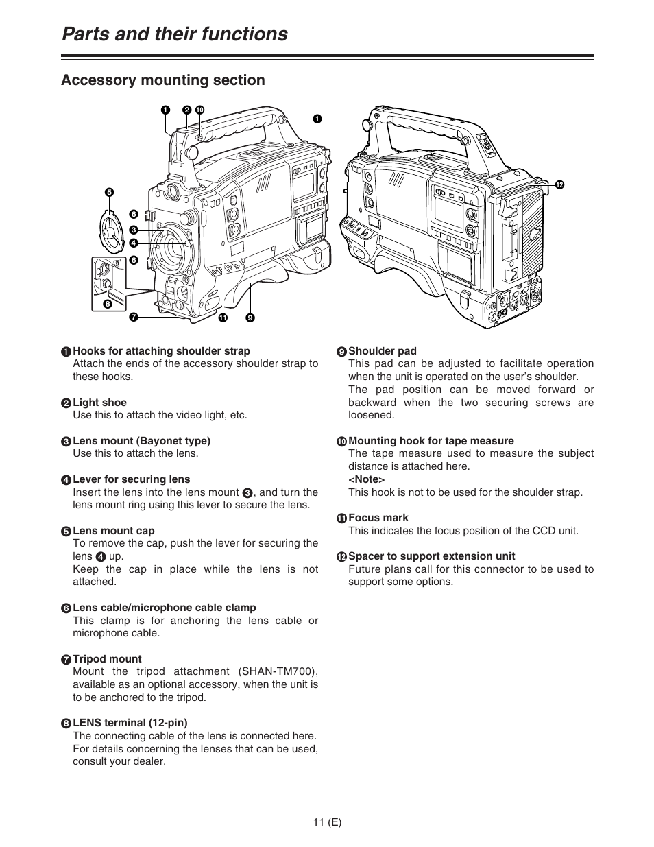 Parts and their functions | Panasonic AJ-HDC27FE User Manual | Page 11 / 136